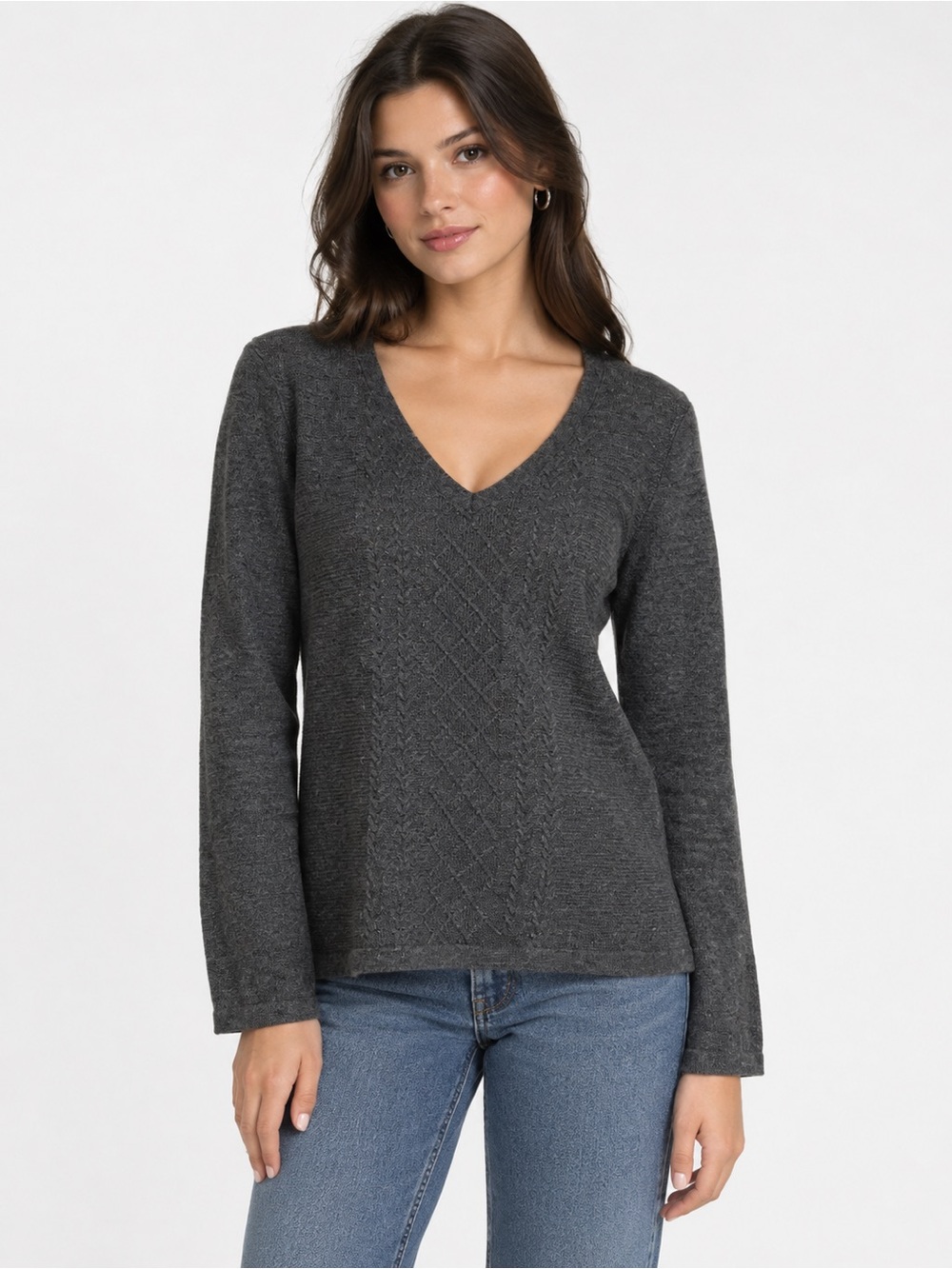 NWT Talbots Charcoal V-Neck Cable Knit Sweater 100% Cotton Comfy Casual Fall